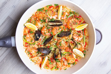 Paella with shrimps and mussels. Traditional Spanish dish