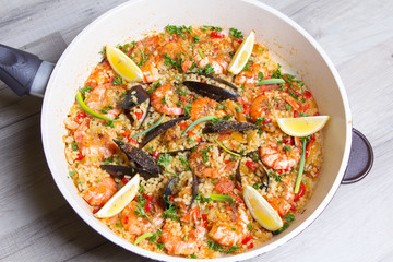 Paella with shrimps and mussels. Traditional Spanish dish