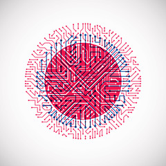 Vector abstract colorful technology illustration with round blue and magenta circuit board. High tech circular digital scheme of electronic device.