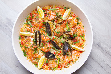 Paella with shrimps and mussels. Traditional Spanish dish