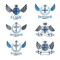 Fototapeta na wymiar Christian Crosses emblems set. Heraldic Coat of Arms decorative logos isolated vector illustrations collection.