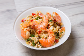 Paella with shrimps and mussels. Traditional Spanish dish