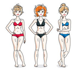 Young beautiful women standing wearing colorful bikini. Vector diversity people illustrations set.