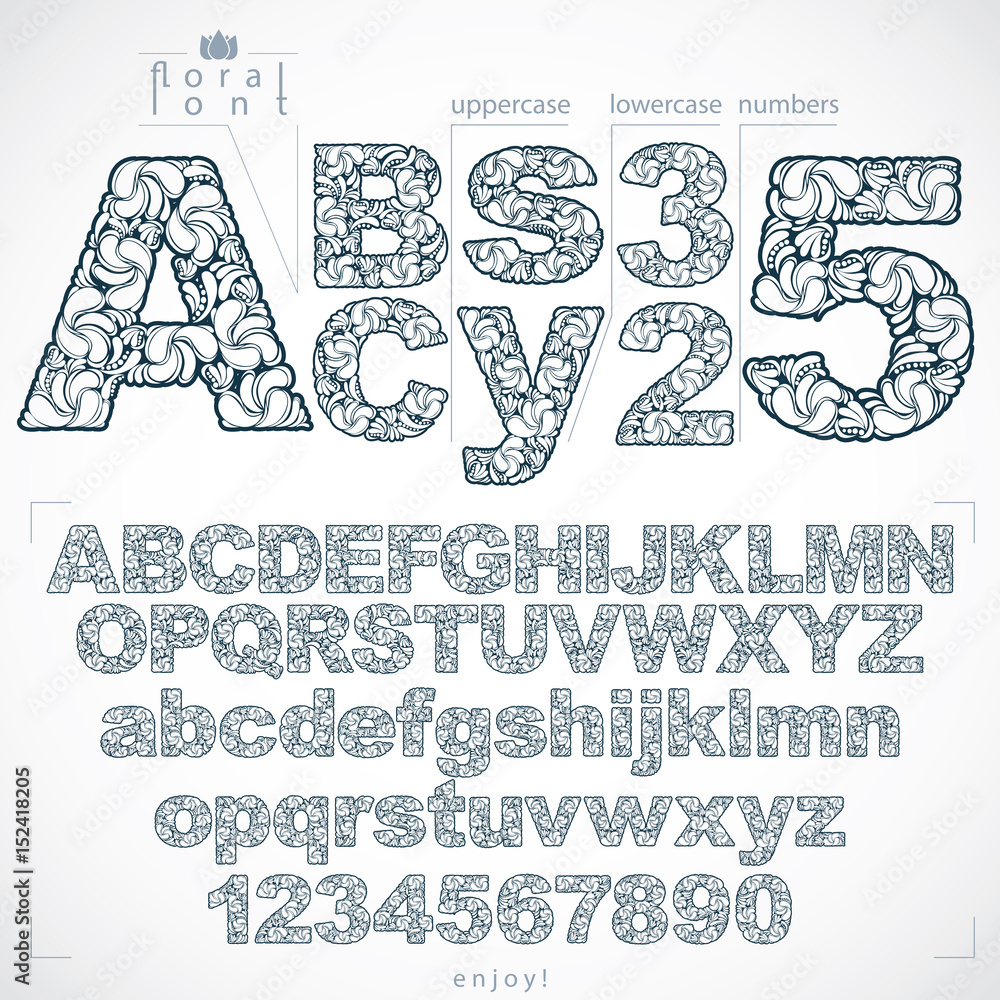 Poster ecology style flowery font and numbers, monochrome vector typeset made using natural ornament. numer