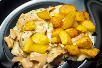 Plate with mushroom sauce and potatoes
