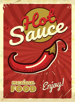 Grunge Retro Metal Sign With Chili Pepper. Hot Mexican Food Flayer. Vintage Poster. Old Fashioned Design.