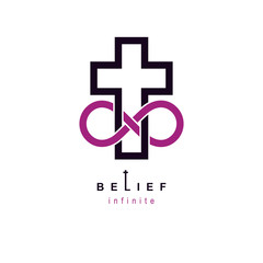 Fototapeta premium Immortal God conceptual logo design combined with infinity loop sign and Christian Cross, vector creative symbol.