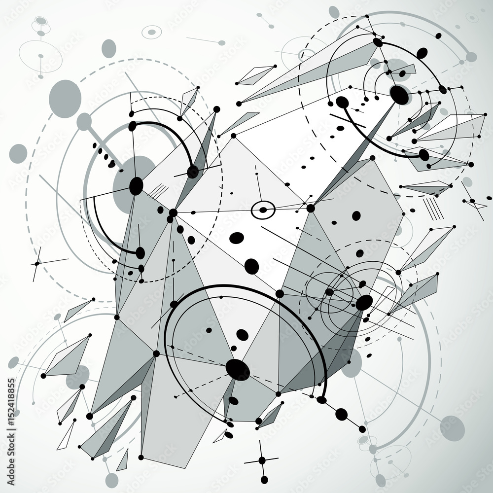 Poster technology 3d vector drawing with low poly demolished geometric object and wireframe, monochrome tec