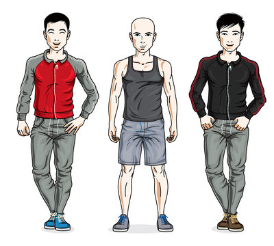Happy men group standing in stylish sportswear. Vector diverse people illustrations set.