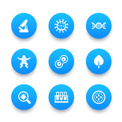 Biology icons set, cell division, microscope, test-tubess, microbe, microorganism