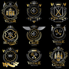 Obraz premium Heraldic vector signs decorated with vintage elements, monarch crowns, religious crosses, armory and animals. Set of classy symbolic graphic insignias.