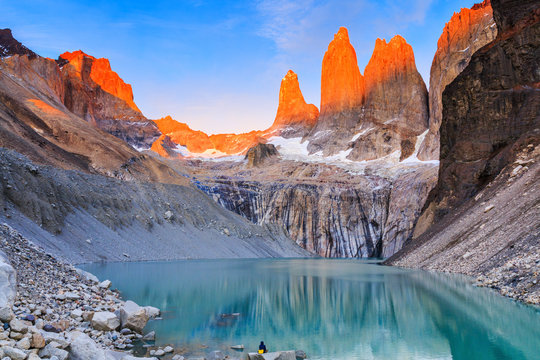 Torres Del Paine National Park, Chile. Sunrise at the Torres lookout.
