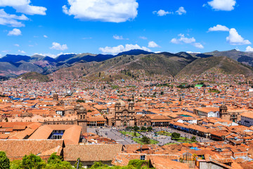 Cusco, Peru the historic capital of the Inca Empire. Panoramic view of the old city Plaza de Armas.