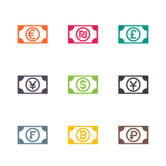 currencies icons, euro, pound, dollar, franc, ruble, yen, yuan, shekel symbols on white