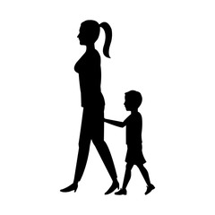 silhouette woman and her son walking holding hand vector illustration
