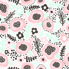 Seamless hand drawn floral pattern in pink, mint,black colors. Great for fabric and textile. Vector Illustration