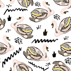 Seamless hand drawn pattern with creative swans. Fashion trendy texture.Great for fabric and textile. Vector Illustration