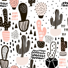 Seamless pattern with cactuses and hand drawn textures.Perfect for fabric,textile.Vector background