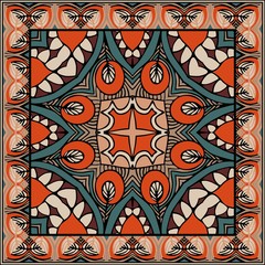 Ethnic bandana print with ornamental border. Print for fabric. Scarf or kerchief square design pattern.