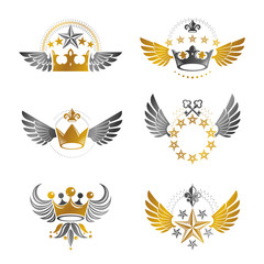 Obraz premium Royal Crowns and Vintage Stars emblems set. Heraldic vector design elements collection. Retro style label, heraldry logo.