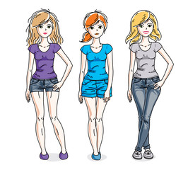 Young beautiful women group standing in stylish casual clothes. Vector characters set.