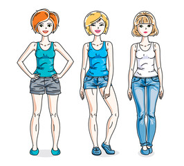 Happy young women group standing wearing fashionable casual clothes. Vector diversity people illustrations set. Fashion and lifestyle theme cartoons.