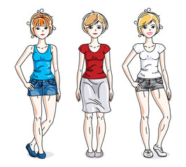 Happy young women group standing wearing fashionable casual clothes. Vector diversity people illustrations set.