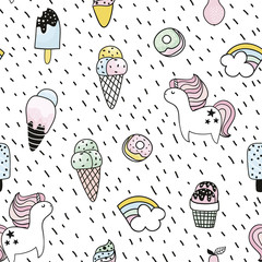 Creative seamless pattern with unicorn, donut, ice cream,rainbow. Doodle childish background. Vector Illustration
