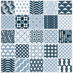 Vector graphic vintage textures created with squares, rhombuses and other geometric shapes. Monochrome seamless patterns collection best for use in textiles design.