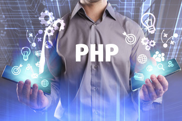 Business, Technology, Internet and network concept. Young businessman working on a virtual screen of the future and sees the inscription: PHP