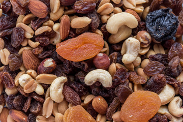 Assorted nuts and dry fruit background