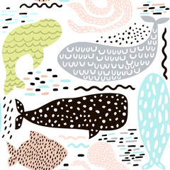 Seamless pattern with sea animal fur-seal,whale, octopus, fish. Childish texture for fabric, textile. Vector background