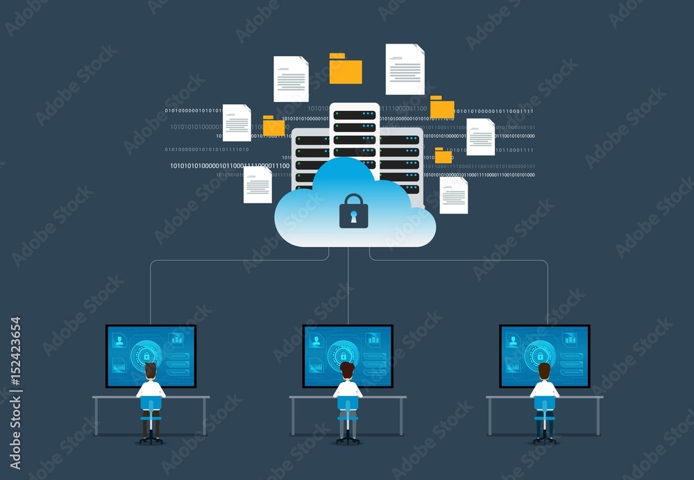 Aufkleber flat vector technology internet cyber security design concept and data security concept with people working 
