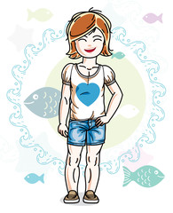 Little redhead girl cute child toddler in casual clothes standing on marine backdrop with ocean and fishes. Vector pretty nice human illustration.