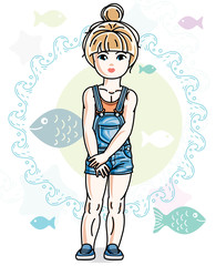 Happy little blonde girl posing on marine background with fishes and wearing fashionable casual clothes. Vector character.