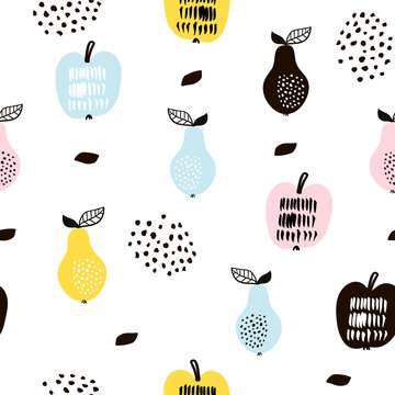 Seamless pattern with creative modern fruits. Hand drawn trendy background. Great for fabric and textile. Vector Illustration