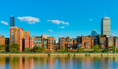 Boston, USA: Old historical houses and skyscrapers buildings reflected in water of Charles River, Boston Back bay district