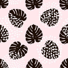 Palm branch trendy seamless pattern with hand drawn elements. Monstera leaf background. Great for fabric, textile Vector Illustration