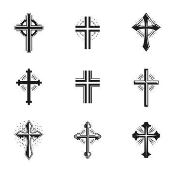 Crosses of Christianity emblems set. Heraldic vector design elements collection. Retro style label, heraldry logo.