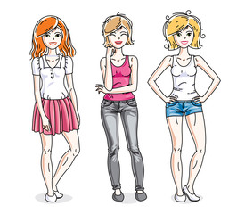 Happy young women group standing wearing casual clothes. Vector diversity people illustrations set. Fashion and lifestyle theme cartoons.