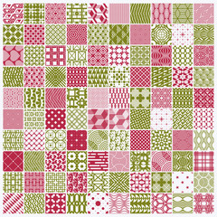 Set of vector endless geometric patterns composed with different figures like rhombuses, squares and circles. 100 graphic tiles with ornamental texture can be used in textile and design.
