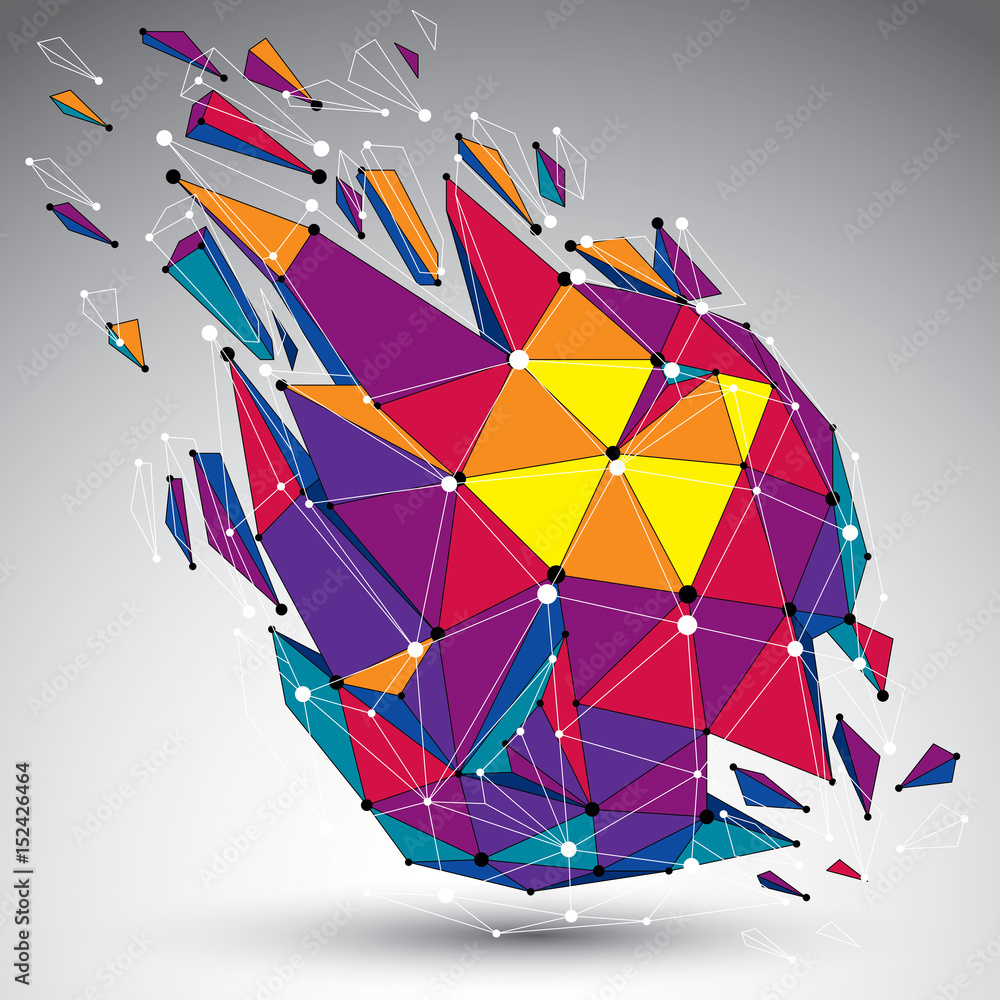 Poster abstract colorful vector low poly wrecked object with black lines and dots connected. 3d origami fut