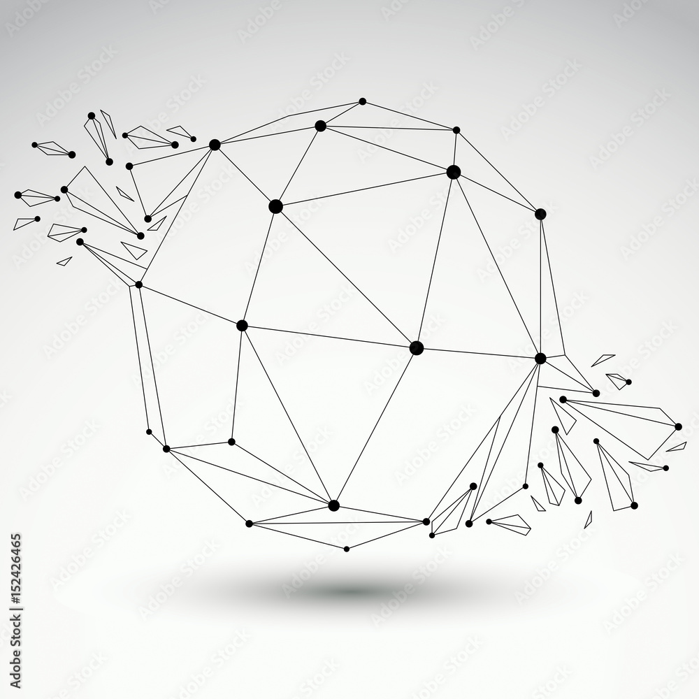 Poster abstract vector low poly wrecked object with black lines and dots connected. 3d transparent origami 
