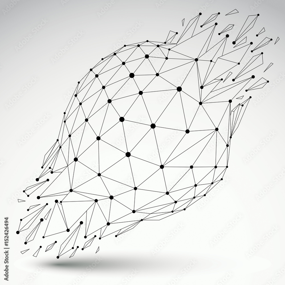 Poster 3d vector digital wireframe spherical object broken into different particles and refractions, geomet