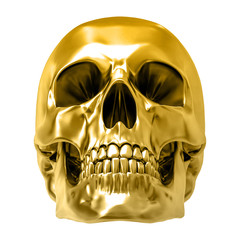 Golden human skull, isolated against the white background