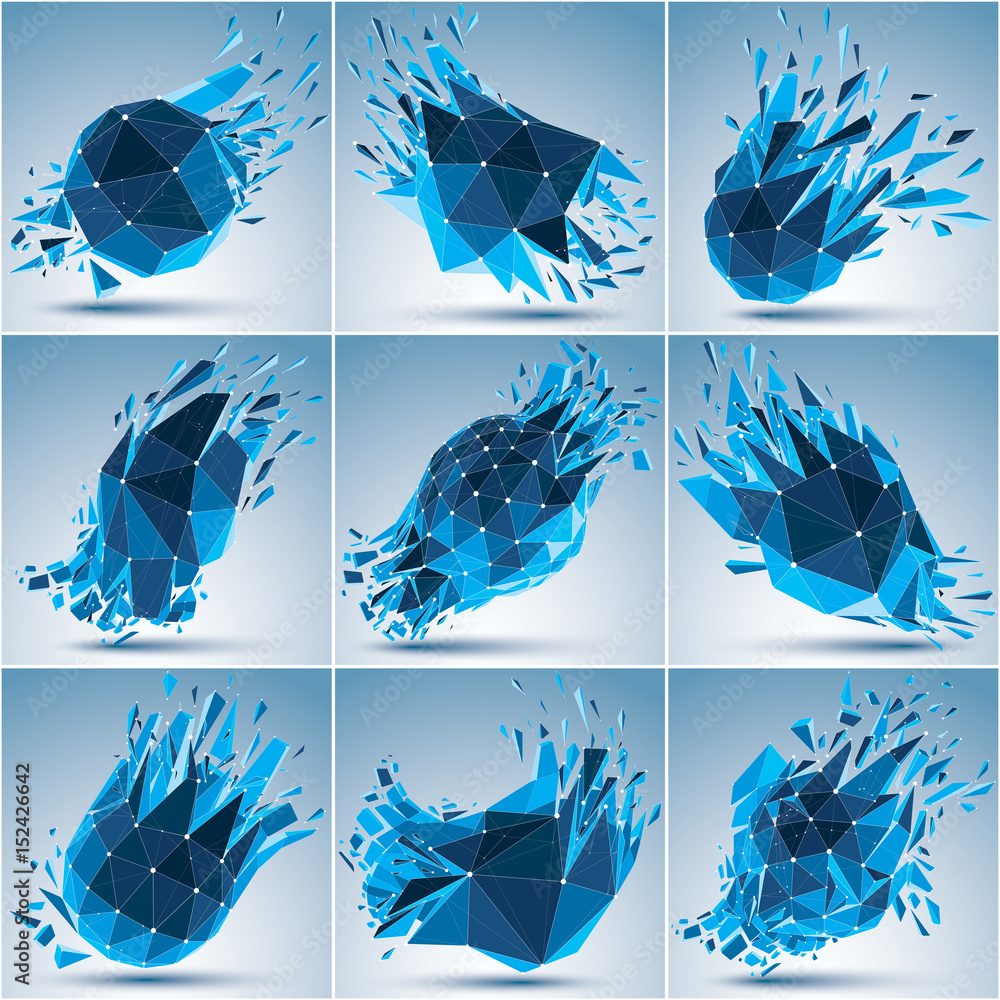 Poster vector dimensional wireframe luminescent objects collection with blue connected lines, demolished sh