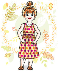 Cute happy little red-haired girl posing on background of autumn landscape and wearing fashionable casual clothes. Vector character.