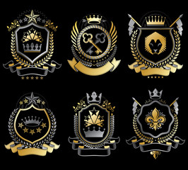 Set of vector vintage elements, heraldry labels stylized in retro design. Symbolic illustrations collection composed with medieval strongholds, monarch crowns, crosses and armory.