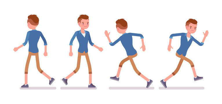 Set of male millennial in walking and runnig pose