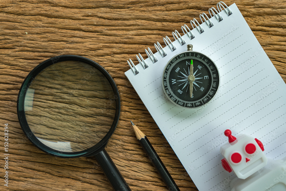 Poster seo search engine optimization website analysis concept with pencil, compass, robot and magnifying g